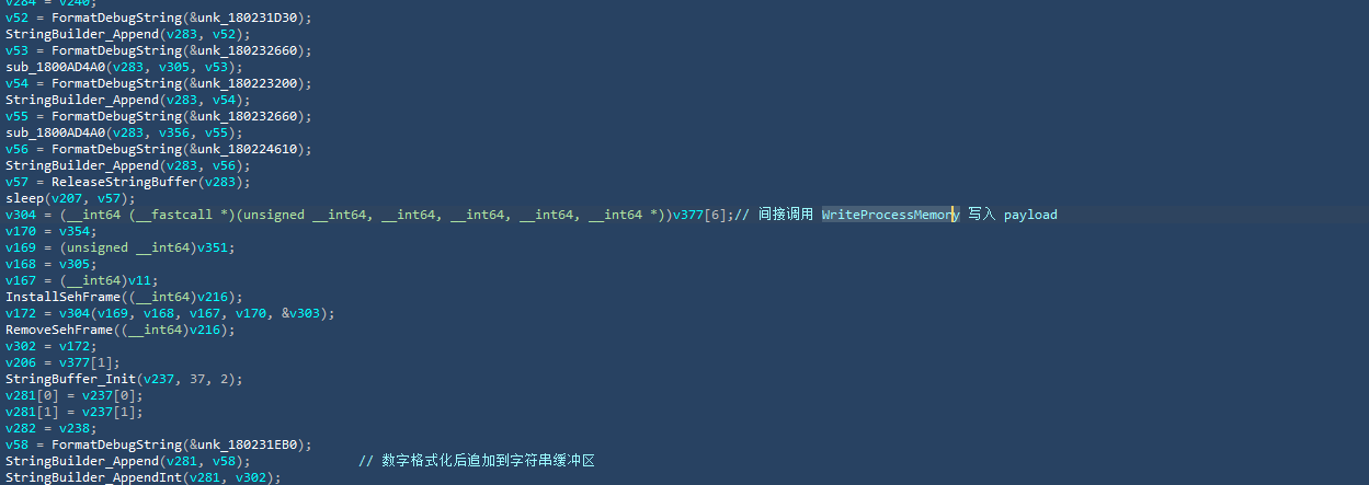 间接调用WriteProcessMemory将恶意payload写入目标.png